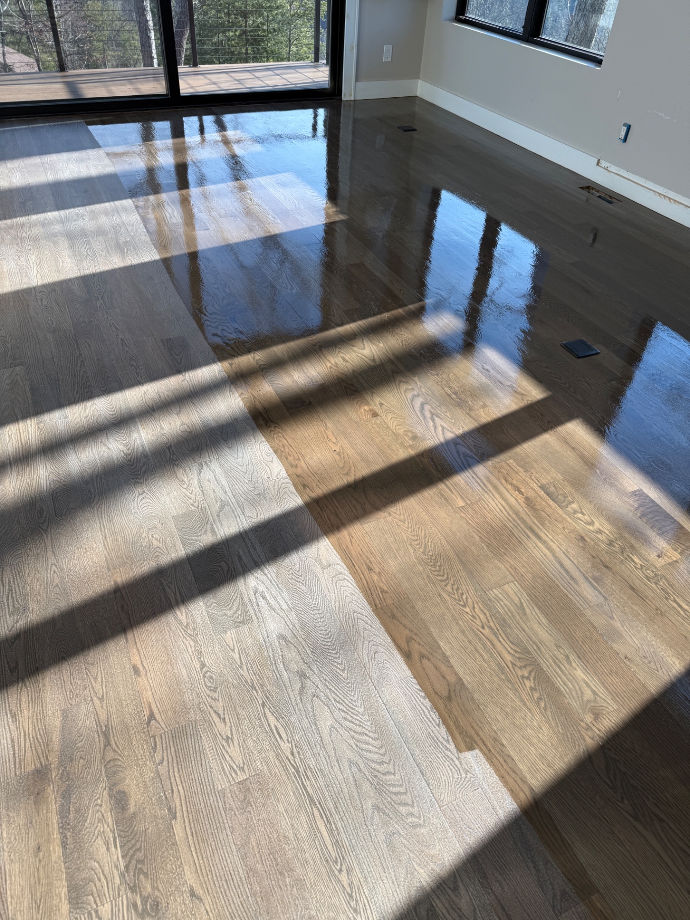 Freshly coated white oak floor with a wet finish line showing the sheen difference between coated and uncoated wood