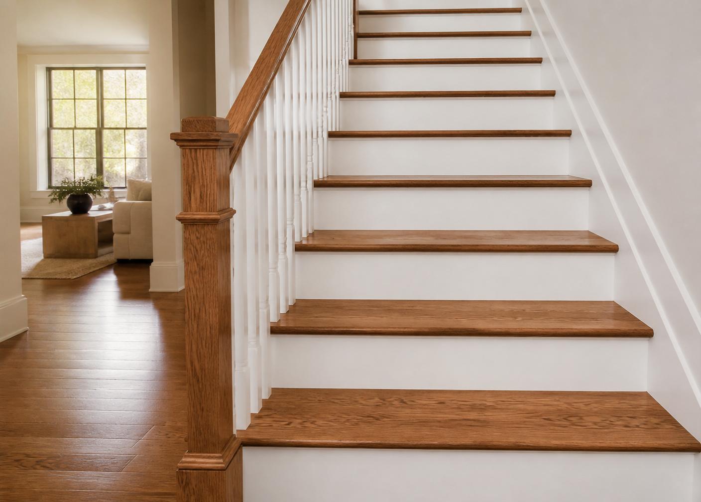 Refinished oak stair treads with painted white risers and a stained handrail