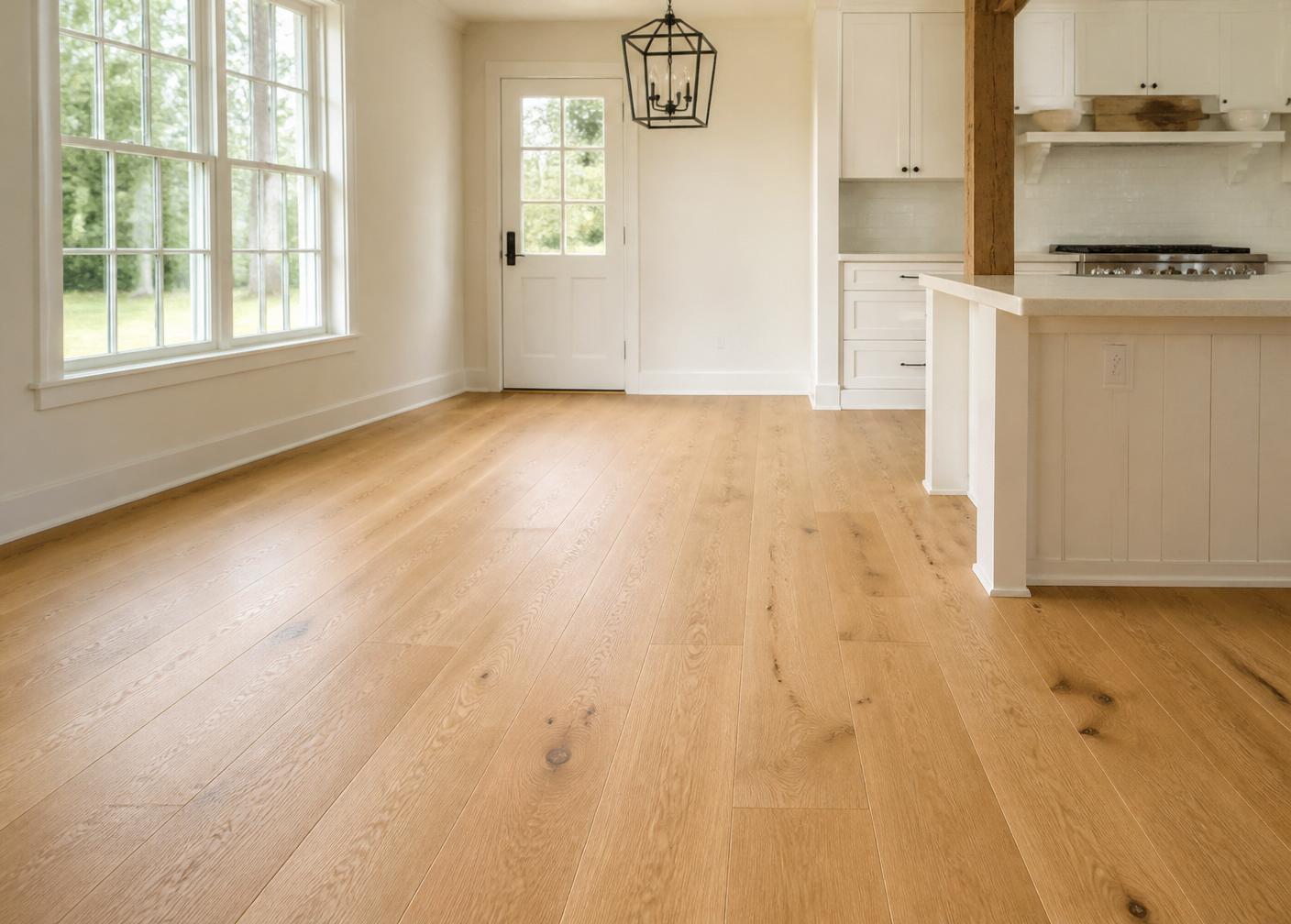 Wide Plank White Oak Kitchen & Dining in Mills River after restoration