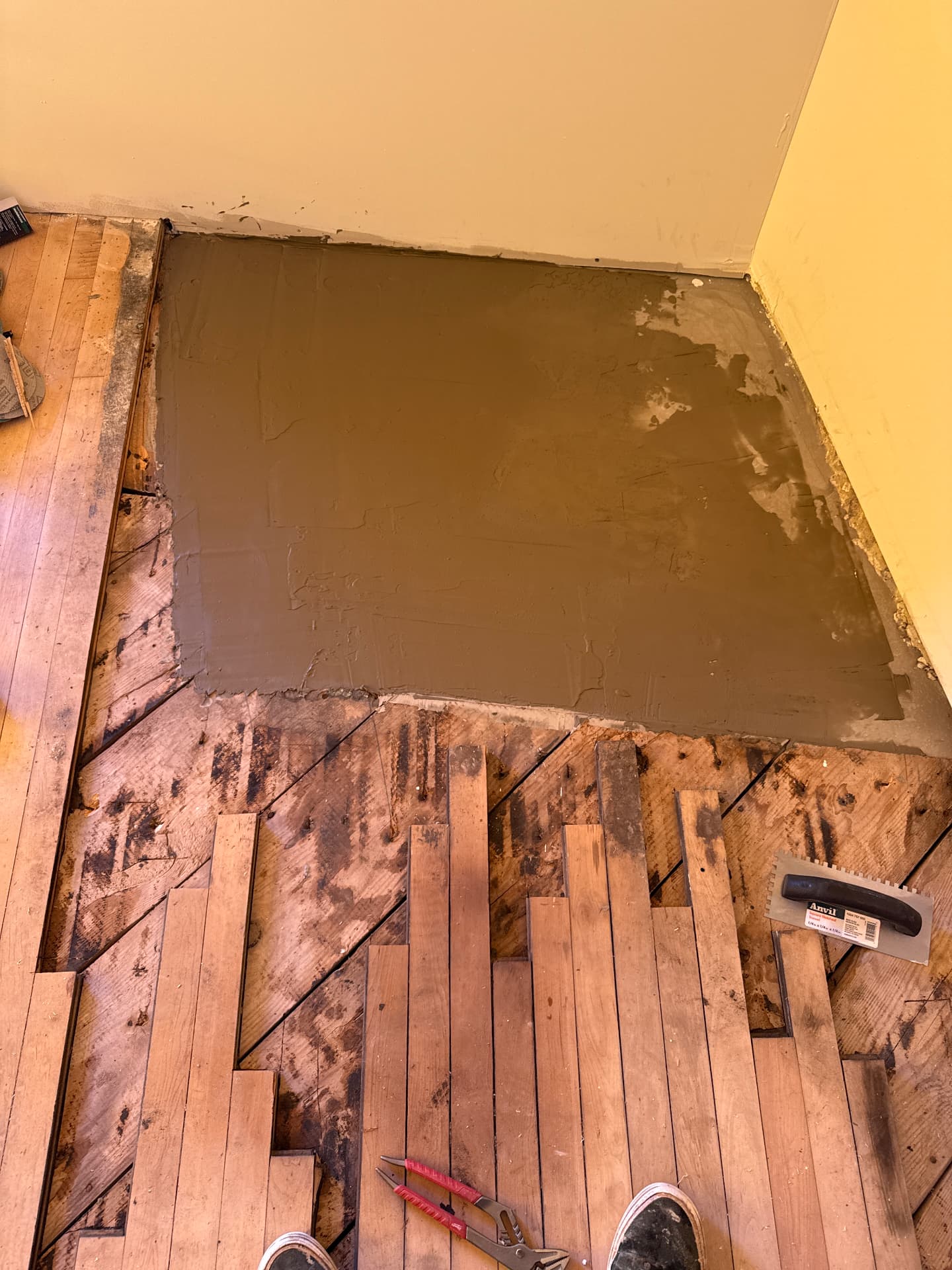 Boards cut out and a section of subfloor exposed with adhesive still on it, ready for new wood to be woven in