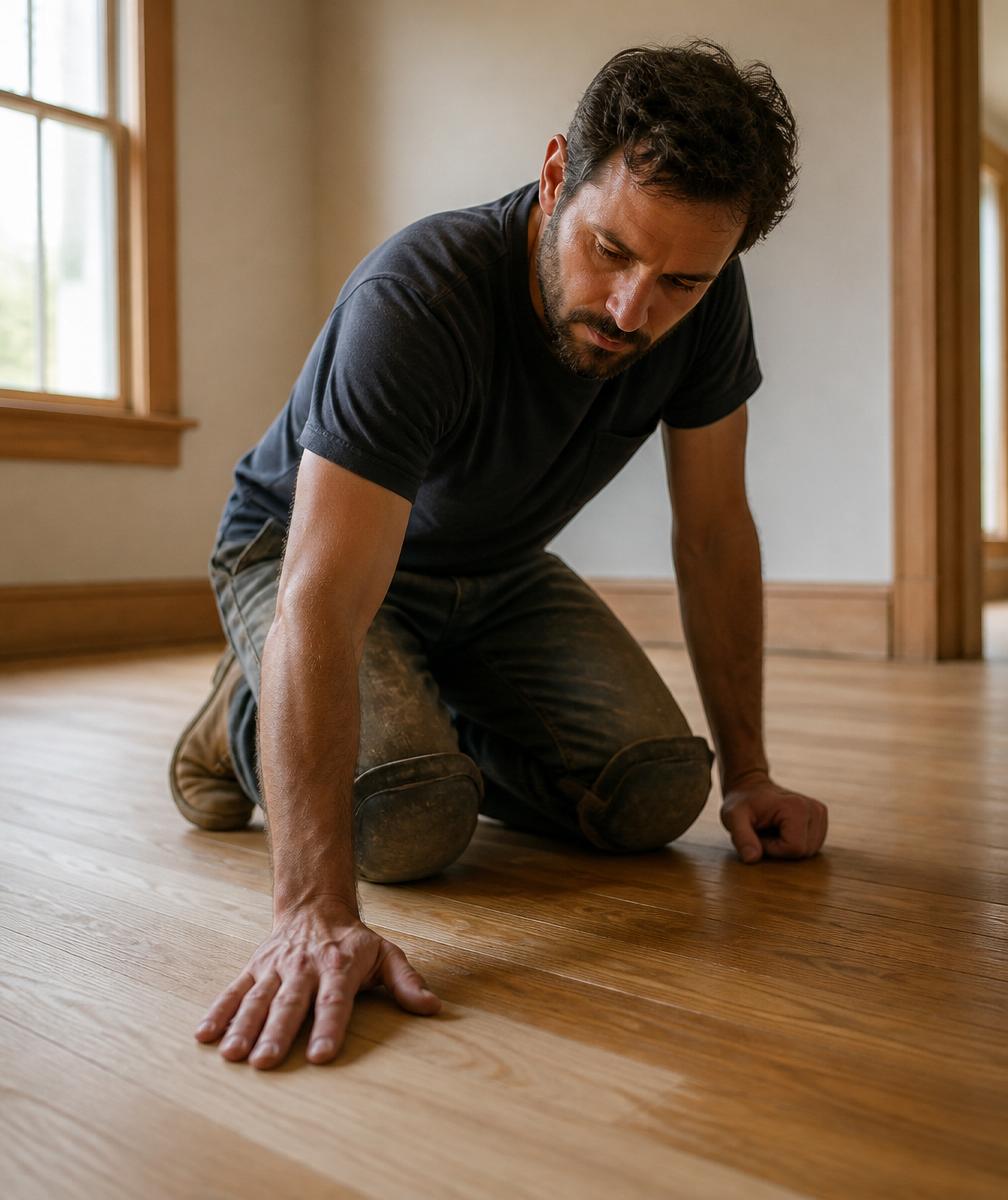 Travis, owner of Avox Craftworks, working on a hardwood floor